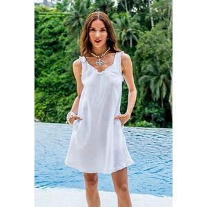 Julie Miles A-Line Frill Linen Dress Womens Medium White Sleeveless